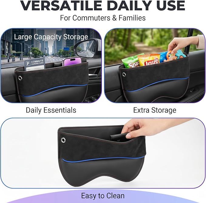 1 PC Car Seat Gap Filler, Multifunctional Leather Storage Box with Cable Port, Anti-slip Organizer for Phone Key Card, Universal for Most Cars, Trucks, SUVs (Black)