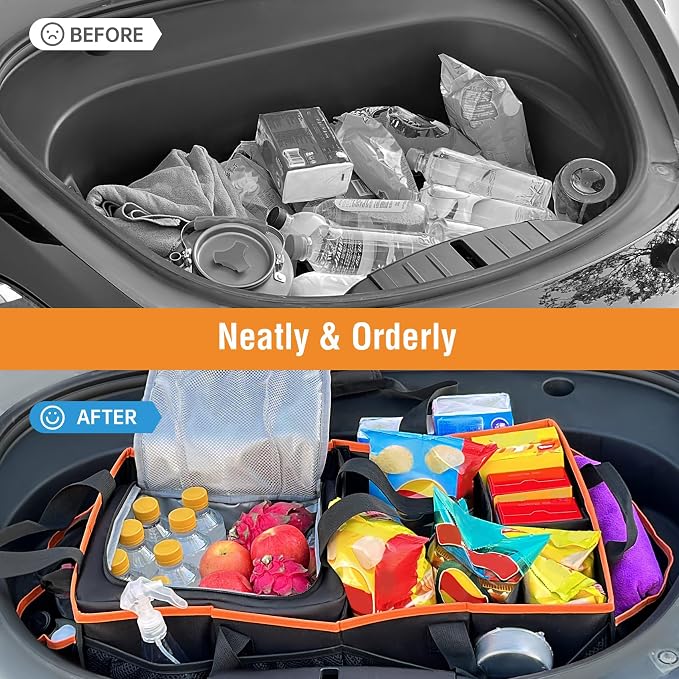 Rifachua Car Front Trunk Organizer with Cooler Bag Compatible with Tesla Model Y Model 3 2020-2026, Foldable Grocery Frunk Storage Bag Collapsible for Car SUV with Multi Compartment，Black
