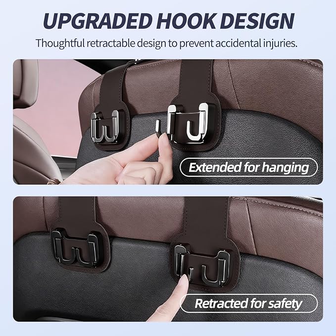 2 Packs Headrest Hooks for Car, Hidden Twinhook Leather & Metal Car Purse Holders, Universal for BMW X5 X3 X1 X7 Accessories, Seat Back Storage Organizer Hanger for Purse Bag Phones(Brown)