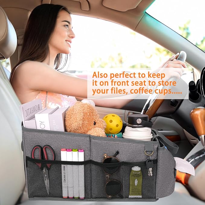 HEYSKAY Car Organizer with Tissue Box, Coffee Cup Drink Holder, Toy Books Storage for Car (Grey)