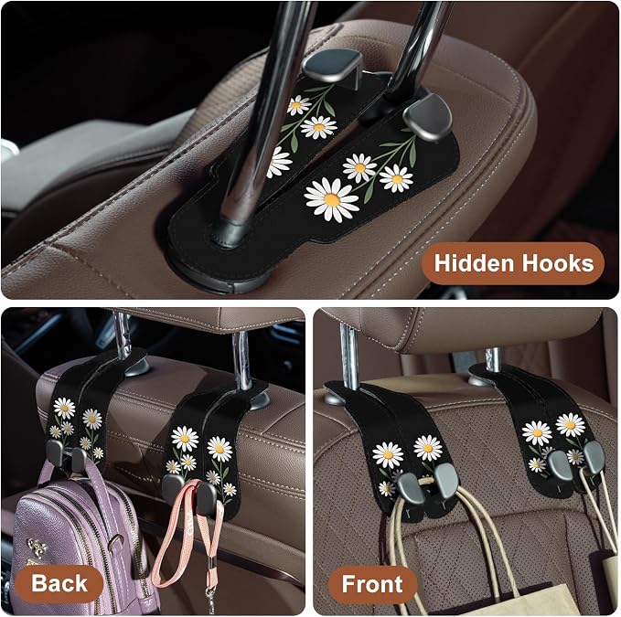 CoBak Purse Hook for Car - Universal Premium Stitched Leather and Aluminum-Magnesium Alloy Double Car Seat Back Storage Hook for Purses, Handbags, Bags (2 Pack),Daisy