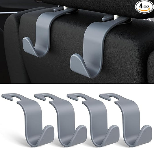 Amooca Car Seat Headrest Hook 4 Pack Hanger Universal Vehicle Car Storage Organizer for Handbag Purse Coat S Type Grey