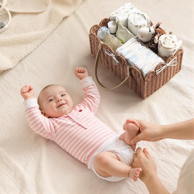 HBlife Large Baby Diaper Caddy, Paper Rope Storage Baskets Nursery Bin with Removable Divider, Portable Car Organizer for Diapers, Baby Shower Gifts, Newborn Essentials Must Haves