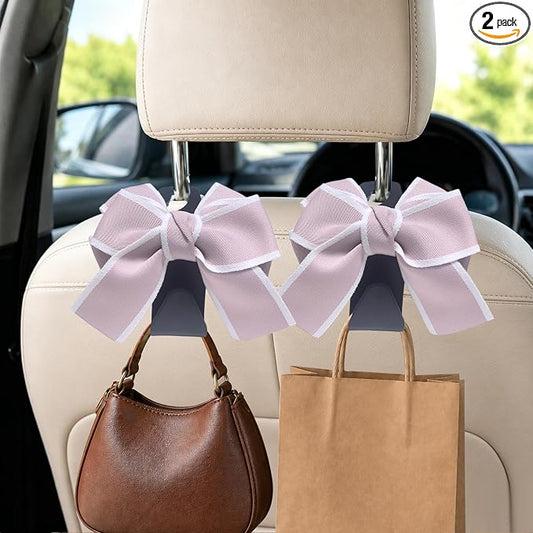 2 Pack Car Purse Hooks, Cute Bow Car Seat Headrest Hook Hanger for Purses and Bags, Space-Saving Car Accessory(pink)