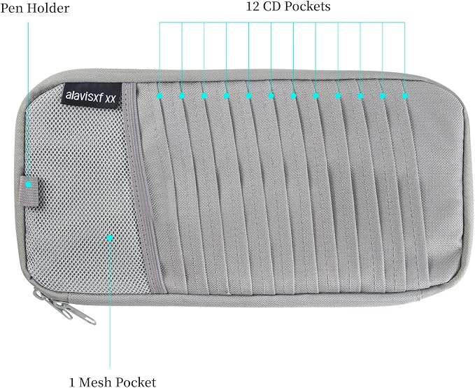 alavisxf xx Car CD Visor Holder, 12 Sleeves Organizer with Mesh Pocket | Durable Oxford Cloth, Holds 12 CDs/DVDs, 1 Pen Holder, 1 Back Inner Pocket, Disc Storage Organizer, Fits Most Vehicle Visors