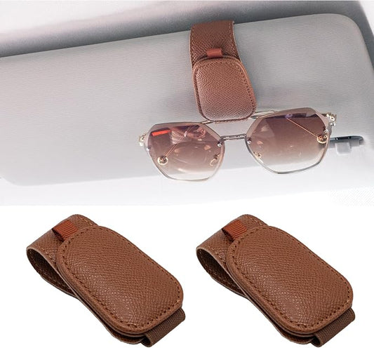 Yuoyar 2 Packs Magnetic Sunglass Holder for Car Visor (Brown) | Magnetic Interior Car Accessories