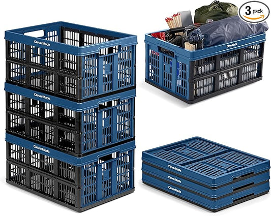 CleverMade Collapsible Utility Crates, Ocean, 3 Pack, 45L/11 Gal, 66 lbs Capacity, Stackable Containers, Heavy Duty, Space-Saving Baskets,Polypropylene (PP)