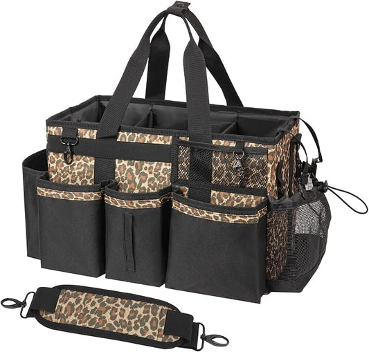 SCAVATA Wearable Cleaning Caddy, Cleaning Caddy Supplies Organizer with Handle & Shoulder Straps for Housekeepers, Under Sink & Car Cleaning Tool Organizers Bag with 4 Foldable Divider (Leopard)