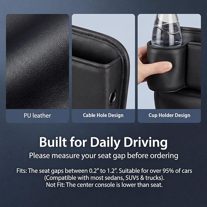 Car Seat Gap Filler Organizer, Premium Leather Console Storage with Cup Holder, Easy Access Multi-Purpose Organizer - Car, SUV & Truck Essentials（Driver Passenger Set Black 2 Pack）
