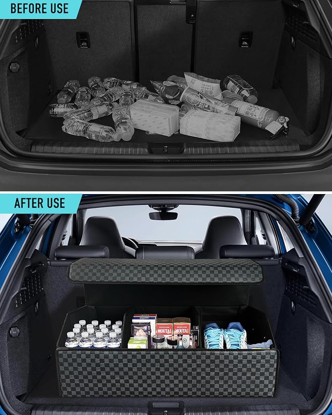 Fyzeoty Trunk Organizer for SUV - Leather Storage Box, Extra Large, Magnetic Lid, Collapsible and Adjustable Car Organizer