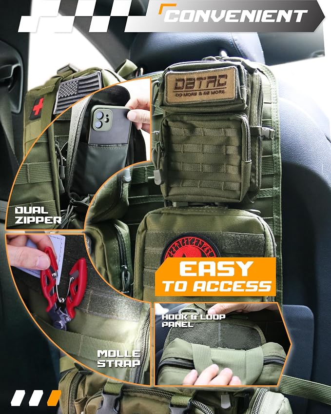 DBTAC Tactical Molle Car Seat Organizer | Vehicle Back Panel with 5X Detachable Pouches, US Flag & Writable Reflective Patch for Cars, Trucks, SUVs, Sedans