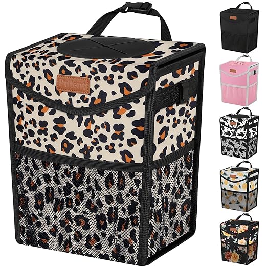 Pritent Car Trash Can with Lid, Cute Leakproof Car Trash Garbage Bag Hanging Vehicle Trash Bin Small Portable Automotive Garbage Cans Organizer for Back/Front Seat(Trapezoid,Leopard