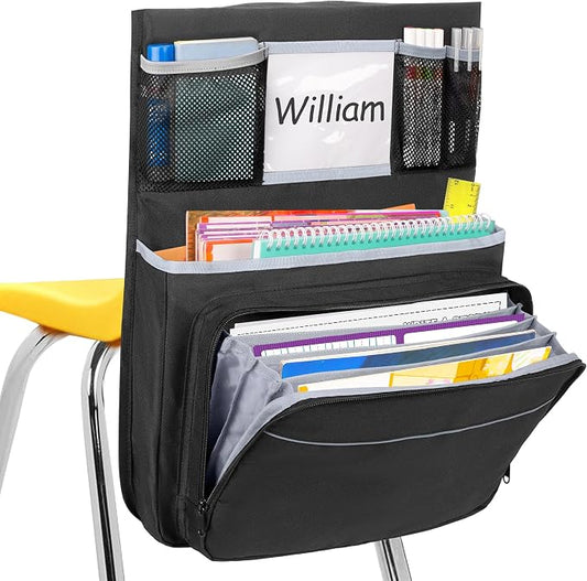 GRAOSO 15” x 20” Chair Pocket For Classroom, 1 Piece Seat Sack, Chairback Buddy Organizer Pocket for School, Kindergarten with Name Tag, Mesh Pockets, Binder Pages Storage (Black)