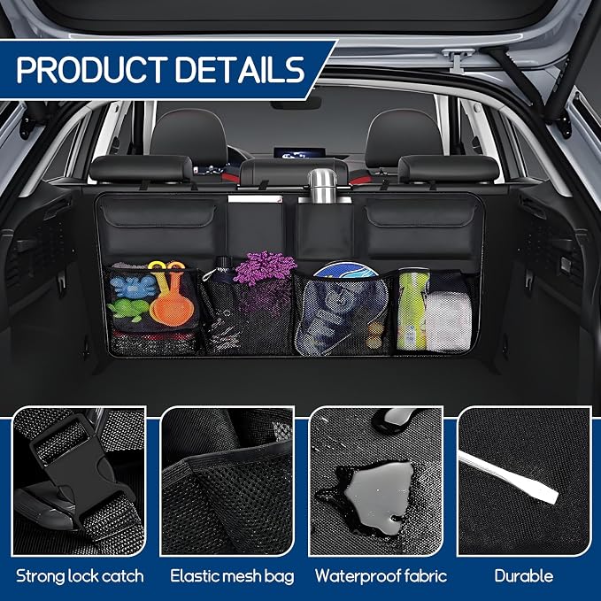 Car Trunk Organizer, Space Saving Backseat Hanging Storage with 4 Large Pockets, Super Capacity Vehicle Trunk Organizer Bag, Universal for Cars SUVs Trucks Vans, Car Accessories (Upgraded)