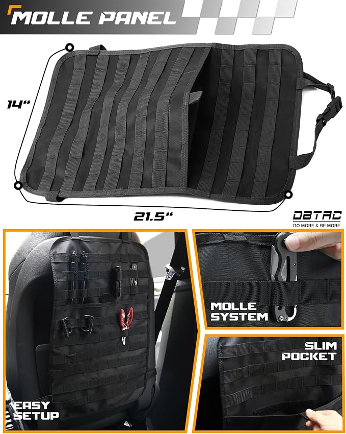 DBTAC Tactical Molle Car Seat Organizer | Vehicle Back Panel with 5X Detachable Pouches, US Flag & Writable Reflective Patch for Cars, Trucks, SUVs, Sedans