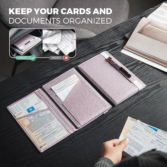 VULKIT Car Registration and Insurance Card Holder Vehicle for Women Glove Box Organizer Leather Tri-fold Design for Car Keys, ID Holder, Essential Documents Pink