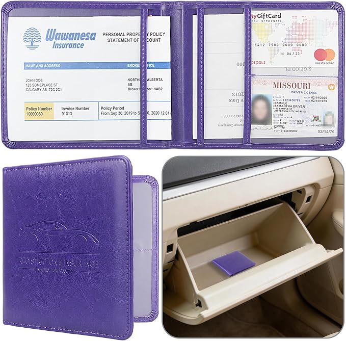 Car Registration and Insurance Holder, Premium Pu Leather Vehicle Glove Box Organizer - for Driver License, Cards & Essential Documents (S-Purple)