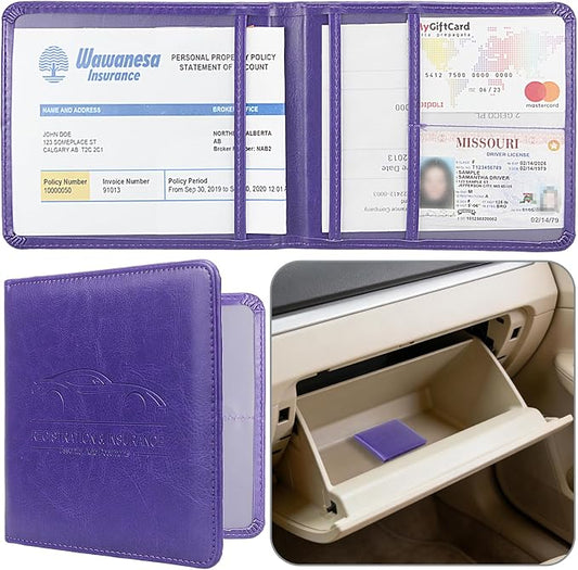 Car Registration and Insurance Holder, Premium Pu Leather Vehicle Glove Box Organizer - for Driver License, Cards & Essential Documents (S-Purple)