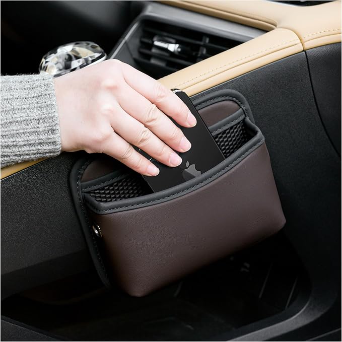 JEYODA Car Seat Side Storage Pocket, Small Organizer,PU Leather Multifunctional Console Side Organizer Bag for Phone, keys, sunglass,wallet,ect (Brown)