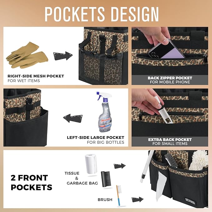 SCAVATA Compact Wearable Cleaning Caddy, Small Cleaning Supplies Organizer with Handle & Shoulder Straps for Housekeepers, under Sink & Car Cleaning Tool Organizers Bag (Leopard)