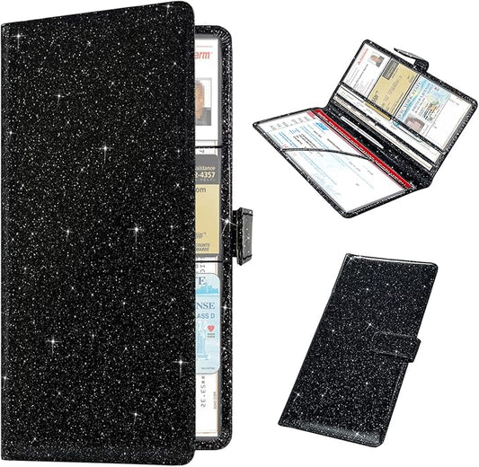 RSAquar Car Registration and Insurance Holder, Vehicle Glove Box Organizer Cool Car Accessories, Auto Truck Document Holder for Cards, Driver License, Black Glitter