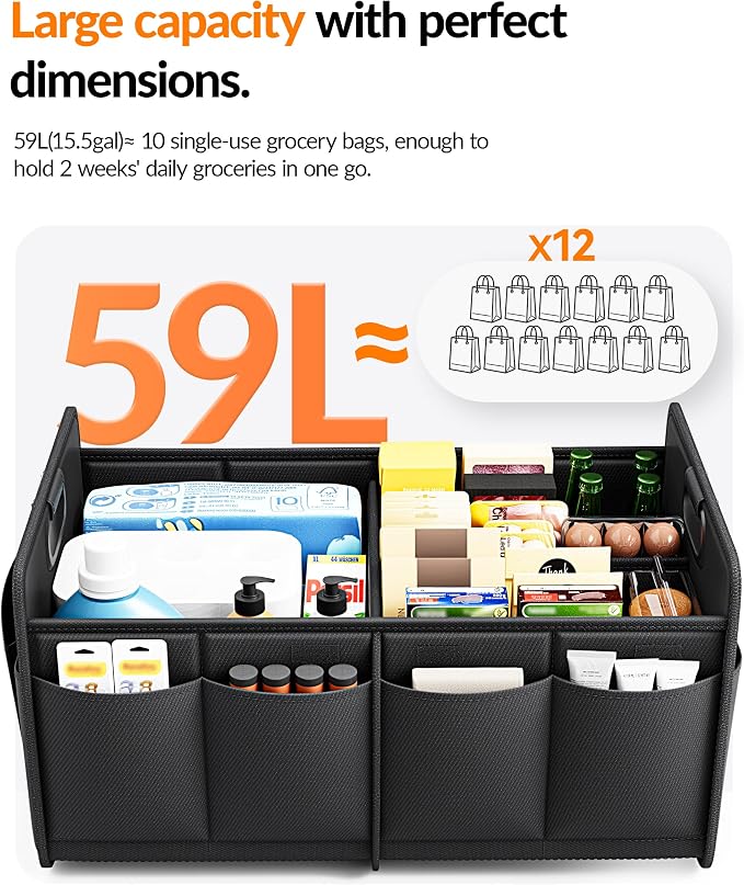 Homeve Car Trunk Organizer for SUV, 15.5Gal Large Capacity No-Sag Heavy Duty, Foldable Waterproof Anti-Slip Storage with 12 Pockets, Fit Sedan,Truck, Universal Car Accessories, Black, 2 Compart,Medium