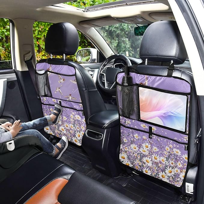 Purple Daisy Flowers and Flying Birds 2 Pack Backseat Car Organizer with Storage Pockets Seat Back Organizers for Kids Kick Mats Backseat Protector Automotive