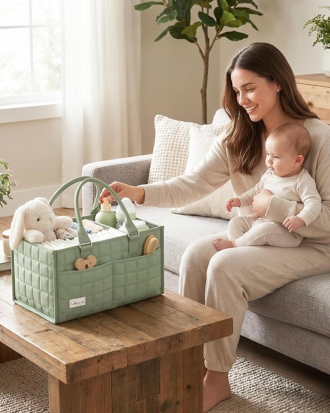 Baby Diaper Caddy Organizer, Portable Nursery Storage Basket with Handle for Newborn Boy or Girl, Gift for Baby Shower Essentials, Registry Must Have Bag, Caddie Car Organizer, Green