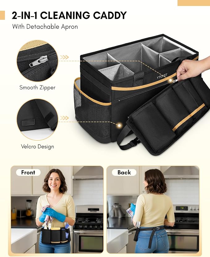 Ytonet Cleaning Caddy Bag with Detachable Apron, Extra Large Cleaning Supplies Organizer with Foldable Dividers, Portable Cleaner Tote with Handle, Cleaner Caddy for Housekeeper, Detailing Bag, Black