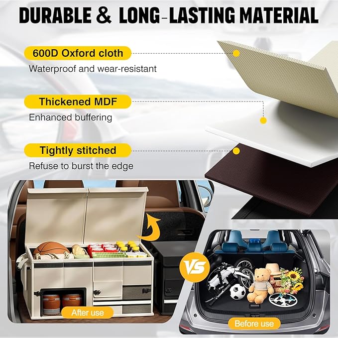 Foldable Car Trunk Organizer with Multi-Compartment – Expandable 30-60L Storage Bin, Side Mesh Pockets, Waterproof 600D Oxford Cloth, Car Accessories for SUV/Truck/Sedan, Black, 23.6"x13.0"x11.8"