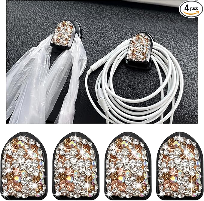 Yourkar 4PCS Bling Car Mini Hooks, Multifunctional Adhesive Small Auto Storage Hook for Key Cable Mask, Crystal Rhinestone Dashboard Hanging Hook, Interior Decor Car Accessories (Champagne)