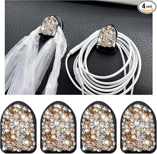 Yourkar 4PCS Bling Car Mini Hooks, Multifunctional Adhesive Small Auto Storage Hook for Key Cable Mask, Crystal Rhinestone Dashboard Hanging Hook, Interior Decor Car Accessories (Champagne)