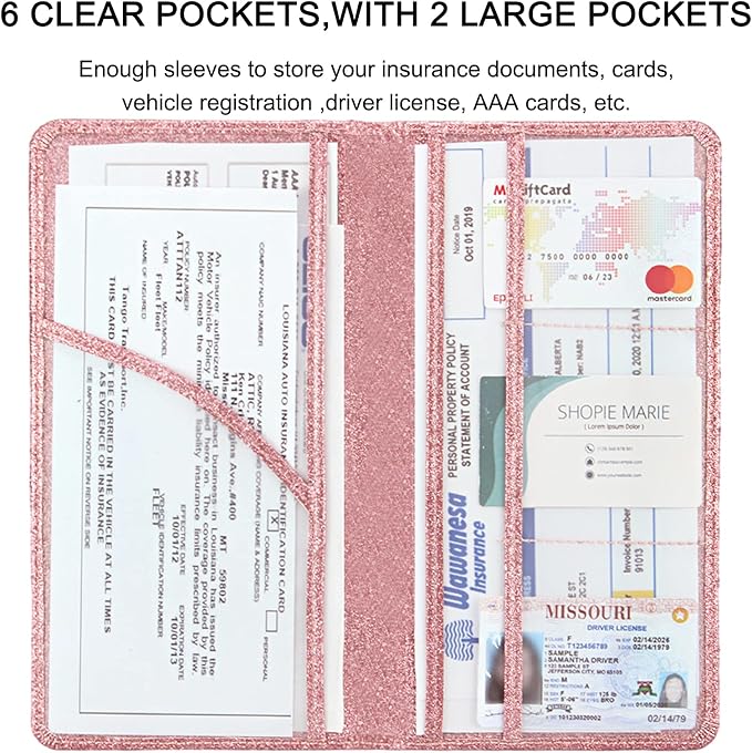 Car Registration and Insurance Holder, Premium Leather Insurance and Registration Holder,vehicle Glove Box Car Organizer, with Magnetic Shut for Cards, Driver License (Glitter Rose Gold)