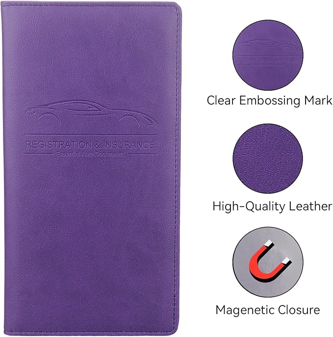 Car Registration and Insurance Holder, Premium Pu Leather Vehicle Glove Box Organizer - for Driver License, Cards & Essential Documents (L-Purple)