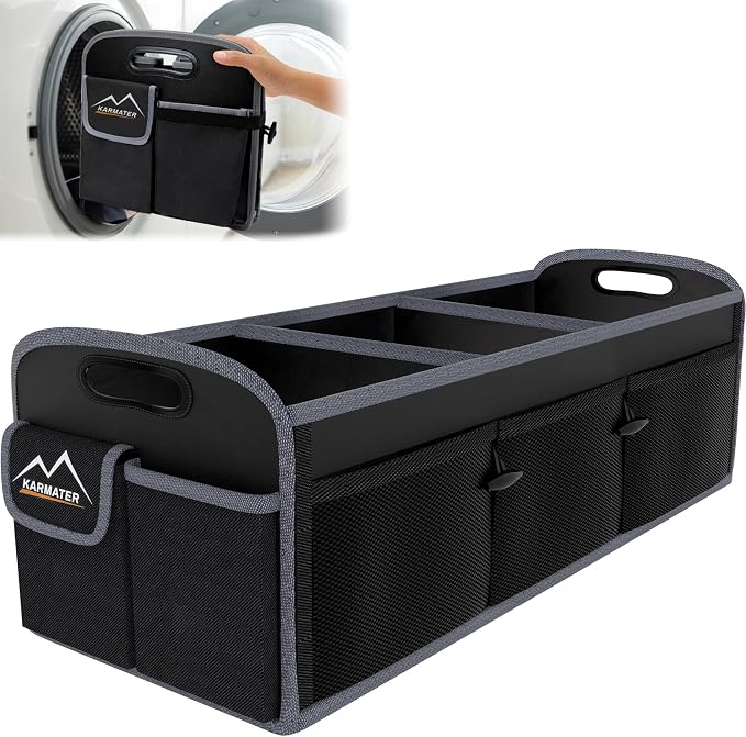 M KARMATER Car Trunk Organizer,Machine Washable PP Materials 3 Compartments Car Storage,95L Waterproof Polyester Cars Accessories Organizer and 6 Pockets, Suitable for SUV, Minivan, Truck(Black)