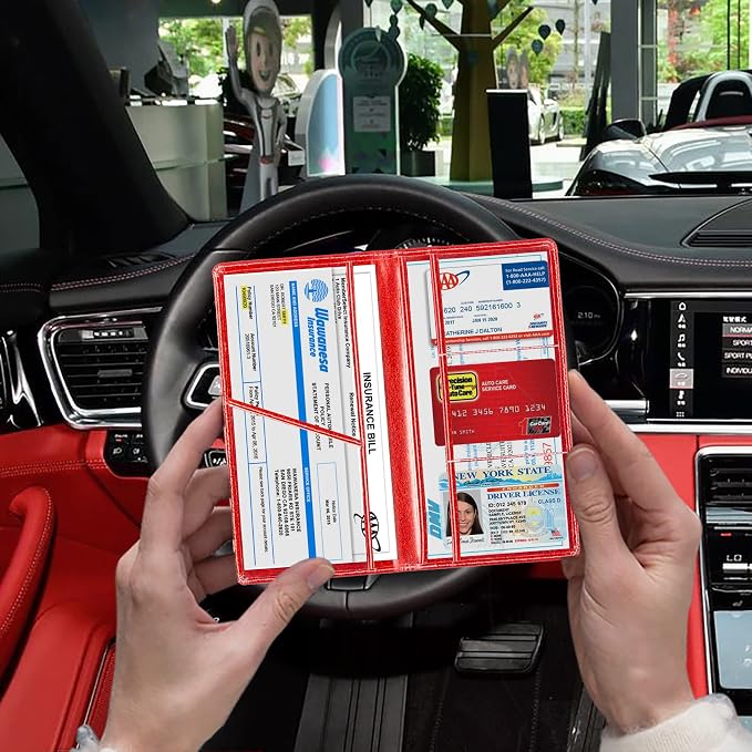 TOURSUIT Car Registration and Insurance Card Holder, Vehicle License Document Glove Box Compartment Organizer, Interior Car Accessories for Women Men (Glitter Red)