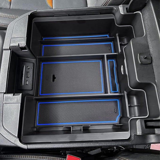 [Full-Coverage Center Console Organizer Compatible with 2019-2022 Chevy Silverado 1500/GMC Sierra 1500 and 2020-2023 Silverado/Sierra 2500/3500HD Accessories, Armrest Insert Tray, Blue