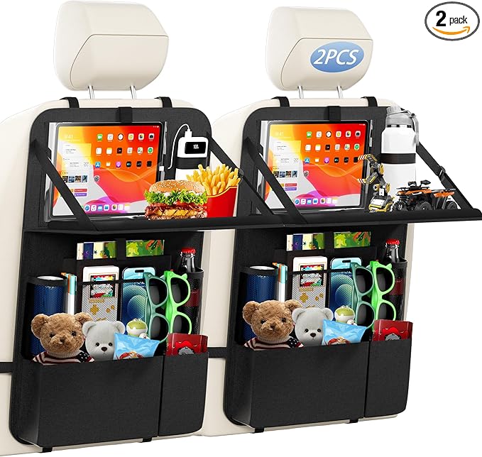 KaiCross Car Backseat Organizer with Table Holder,10 Storage Pockets Backseat Car Organizer and Storage with 600D Oxford Cloth,Travel Essentials,Kick Mats Back Seat Protector-2 Pack