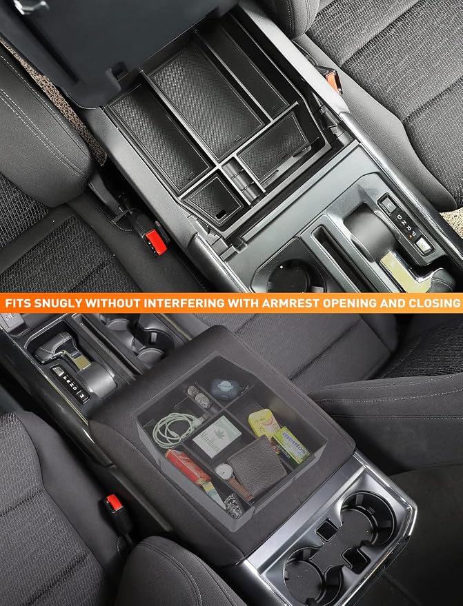 Savadicar Center Console Organizer Compatible with 2015-2025 Ford F150 (Not Fits 40/20/40 Jump Seat Console), ABS Armrest Insert Storage Tray With Liner Pad, Interior Accessories, Black