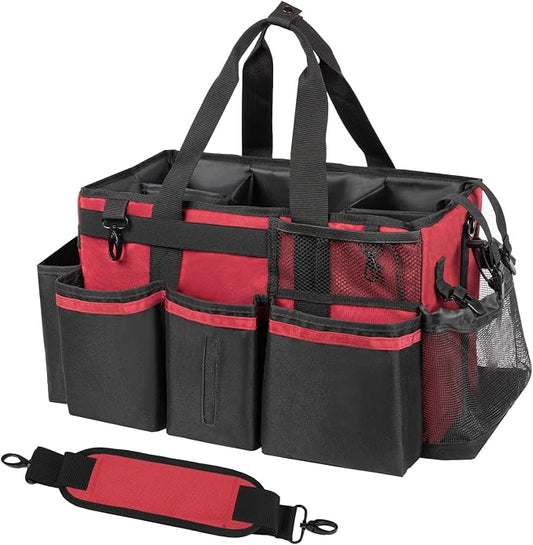 SCAVATA Wearable Cleaning Caddy, Cleaning Caddy Supplies Organizer with Handle & Shoulder Straps for Housekeepers, Under Sink & Car Cleaning Tool Organizers Bag with 4 Foldable Divider (Wine)