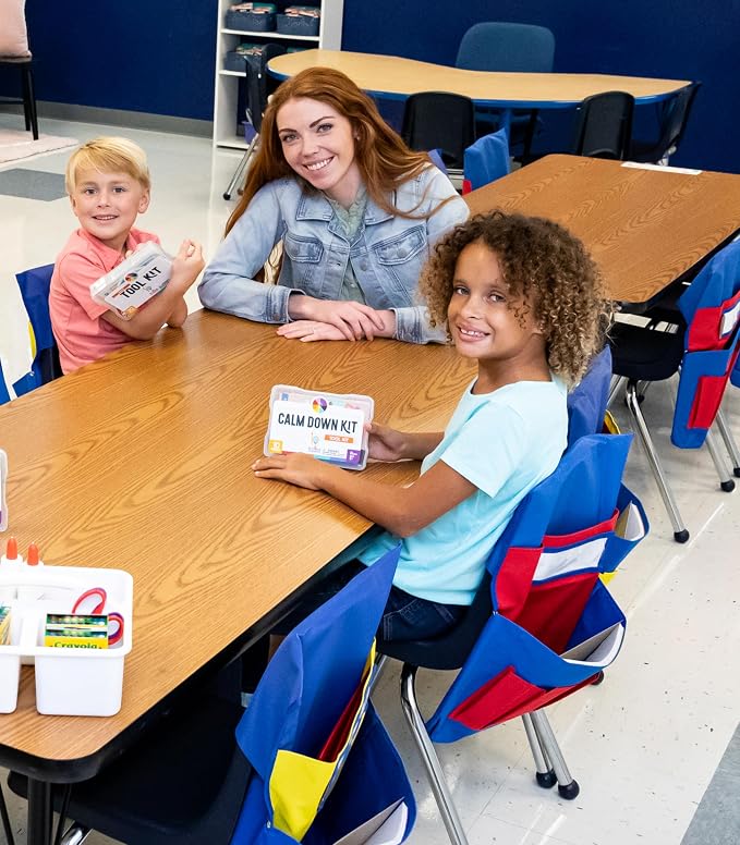 Carson Dellosa Chairback Buddy Pocket Chart―Blue and Red Desk Chair Seat Back Organizer With 6 Pockets for Classroom Supplies, Student Name Tag With Pocket (15" x 19")