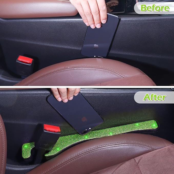 Briwill Green Bling Car Seat Gap Filler, Set of 2 Handmade Crystal Rhinestone Diamond Green Car Gap Filler Fit for Car Truck SUV Lime Green Bling Car Accessories(Grass Green)