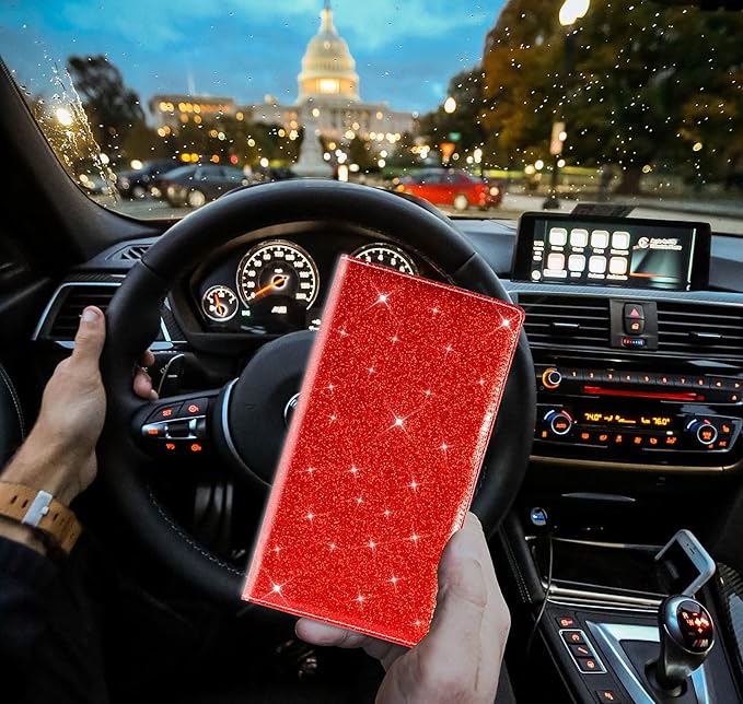 TOURSUIT Car Registration and Insurance Card Holder, Vehicle License Document Glove Box Compartment Organizer, Interior Car Accessories for Women Men (Glitter Red)