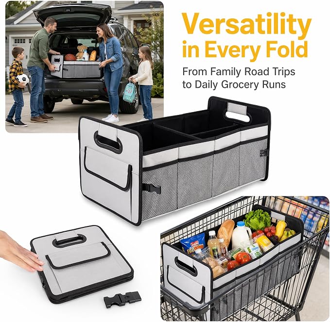 Car Trunk Organizer Basket with Front & Side Pockets | Foldable Waterproof Oxford Cloth for SUV & Truck | Durable Large Capacity Storage Box with Velcro Dividers & Secure Buckles（Grey）