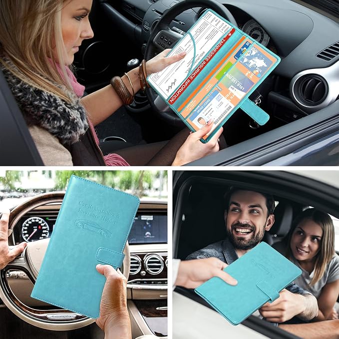DMLuna Car Registration and Insurance Holder, Leather Vehicle Card Document Glove Box Organizer, Auto Truck Compartment Accessories for Essential Information, Driver License Cards, Sky Blue