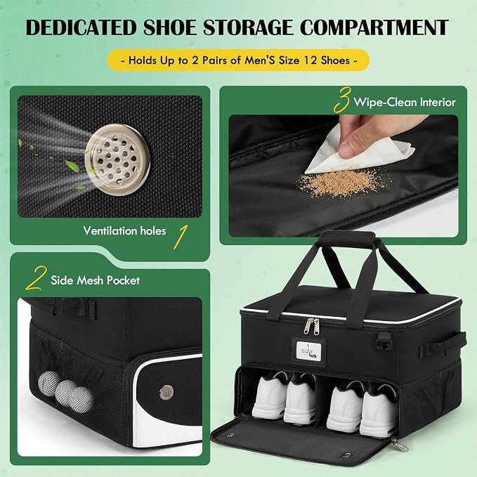 RAINSMORE Golf Trunk Organizer Golf Bag Organizers Golf Shoe Bag with Separate Ventilated Compartment for 2 Pair Shoes Golf Accessories for Balls, Gloves, Clothes