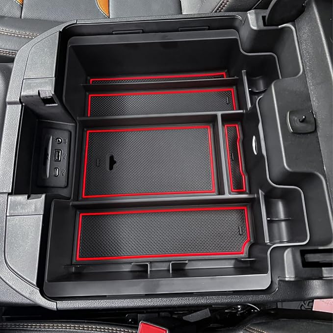 [Full-Coverage ] Center Console Organizer Compatible with 2019-2022 Chevy Silverado 1500/GMC Sierra 1500 and 2020-2023 Silverado/Sierra 2500/3500HD Accessories, Armrest Insert Tray, Red
