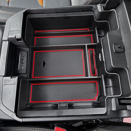 [Full-Coverage ] Center Console Organizer Compatible with 2019-2022 Chevy Silverado 1500/GMC Sierra 1500 and 2020-2023 Silverado/Sierra 2500/3500HD Accessories, Armrest Insert Tray, Red