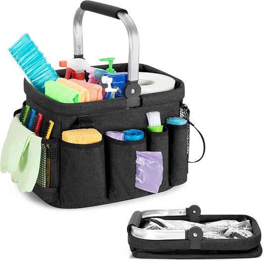 PGmoon Cleaning Caddy Organizer with Handle, Cleaning Tote Bag with Multiple Pockets for Cleaning Supplies, Products Storage, Housekeepers, Kitchen Cleaning Supplies, Black