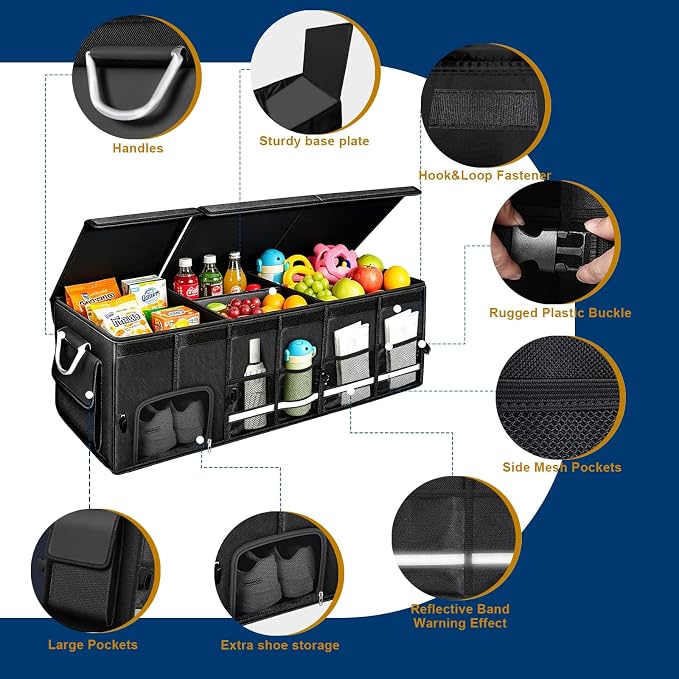 Car trunk organizer, Collapsible Multi-Compartments Car trunk Organizer with Shoes Storage Space, Reflective Strip, Perfect for Car & SUV (34.5 * 13.8 * 11.8 INCH)
